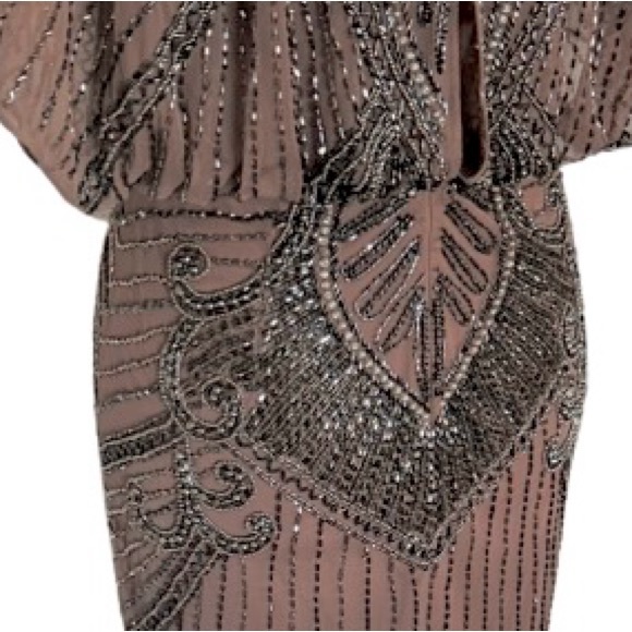 1920s Flapper Aidan Mattox 2 Tan Beaded Sheer Illusion Nude Designer Extra Smsll - Picture 8 of 12